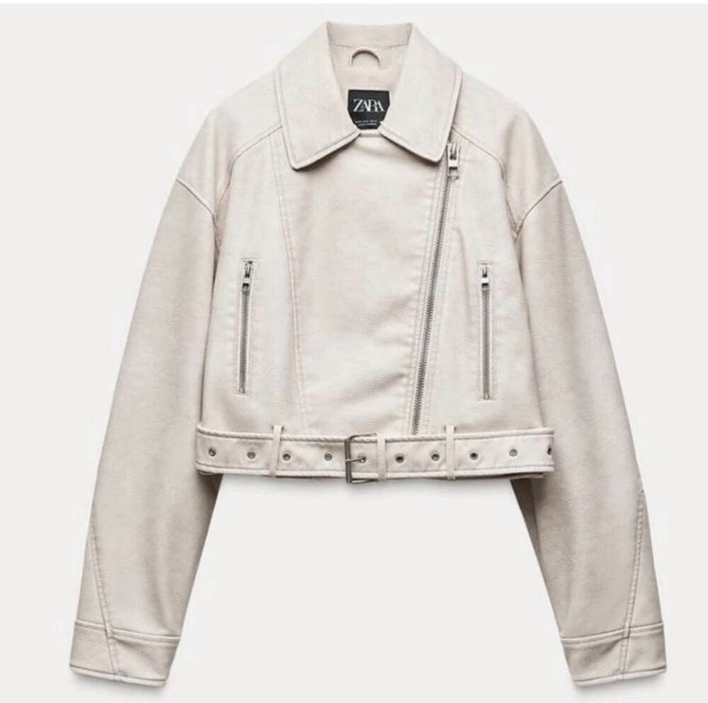 Zara Vegan Leather Cream Belted Moto Jacket Size Medium NWT